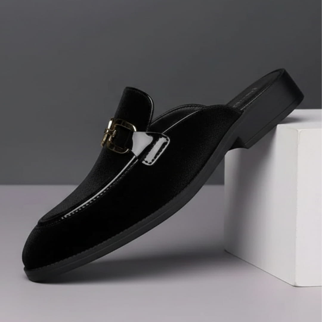 Eric Velvet Mule Loafers – Backless Almond Toe Slip-On Shoes with Metal Detail