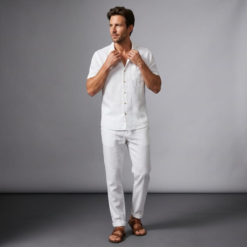 Kevin Linen Two-Piece Set – Cuban Collar Shirt Straight Leg Trouser Relaxed Resort Casual Outfit