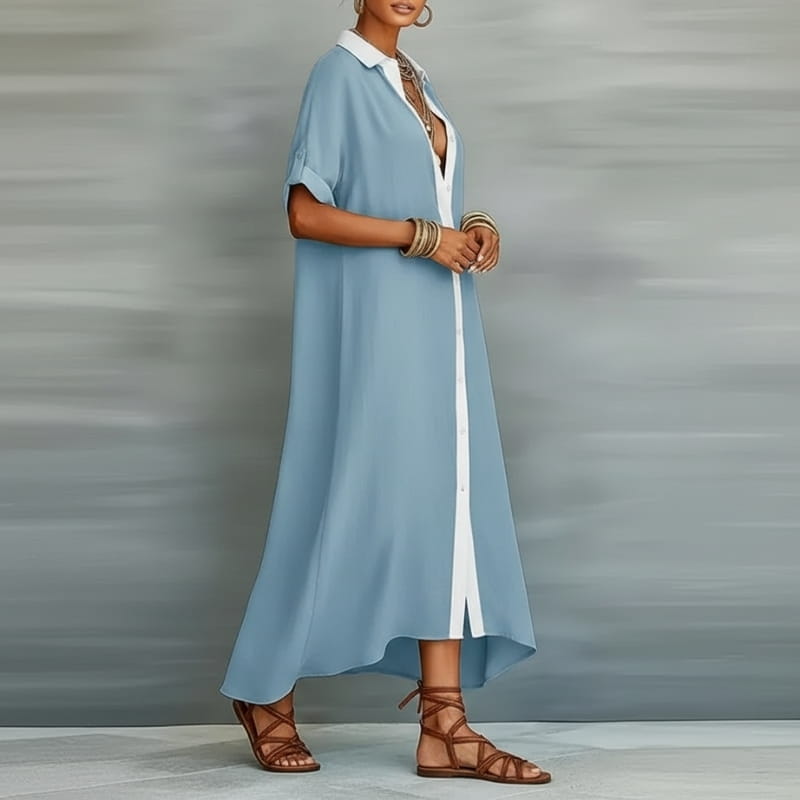 Aurelia Cotton Linen Contrast Trim Button Shirt Maxi Dress – Relaxed Vacation Silhouette