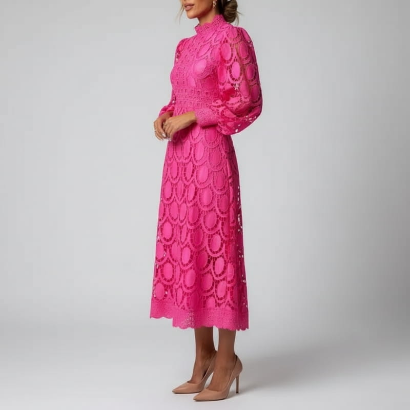 Fatima Lace  High Neck Sheer Sleeve Midi Dress – Elegant Fitted Occasion Gown