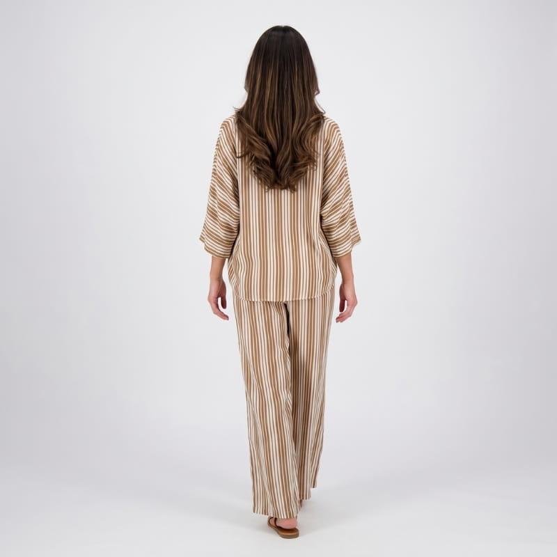 Dania Striped Woven Two-Piece Set – Batwing V-Neck Top Wide Leg Drawstring Relaxed Outfit