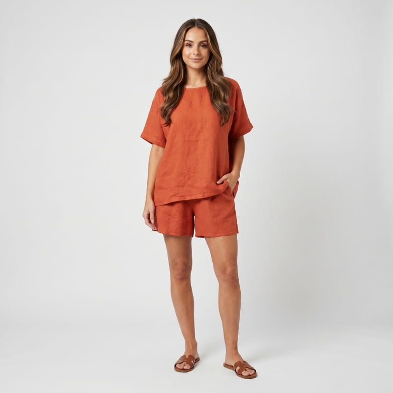 Brisa Linen Two-Piece Set – Batwing Round Neck Oversized Top Elastic Waist Shorts Casual Outfit
