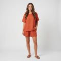 Brisa Linen Two-Piece Set – Batwing Round Neck Oversized Top Elastic Waist Shorts Casual Outfit
