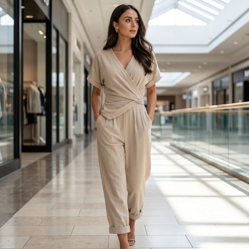 Liora Draped V-Neck Jumpsuit – Crossover Twist Waist Cropped Wide Leg Relaxed Summer Outfit