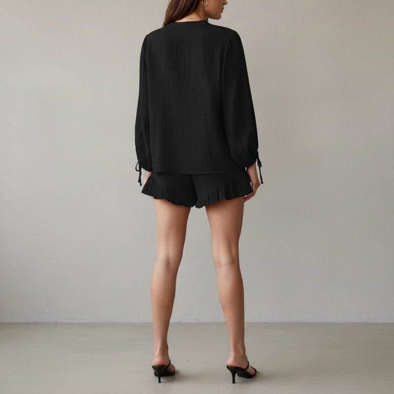 Aveline Puff Sleeve Two Piece Short Set Soft Fabric Relaxed Summer Outfit