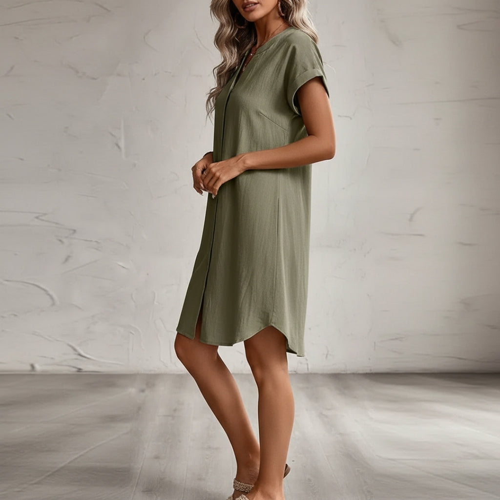 Riviera Cotton Blend V-Neck Shirt Dress – Lightweight Button Front Mini Casual Wear