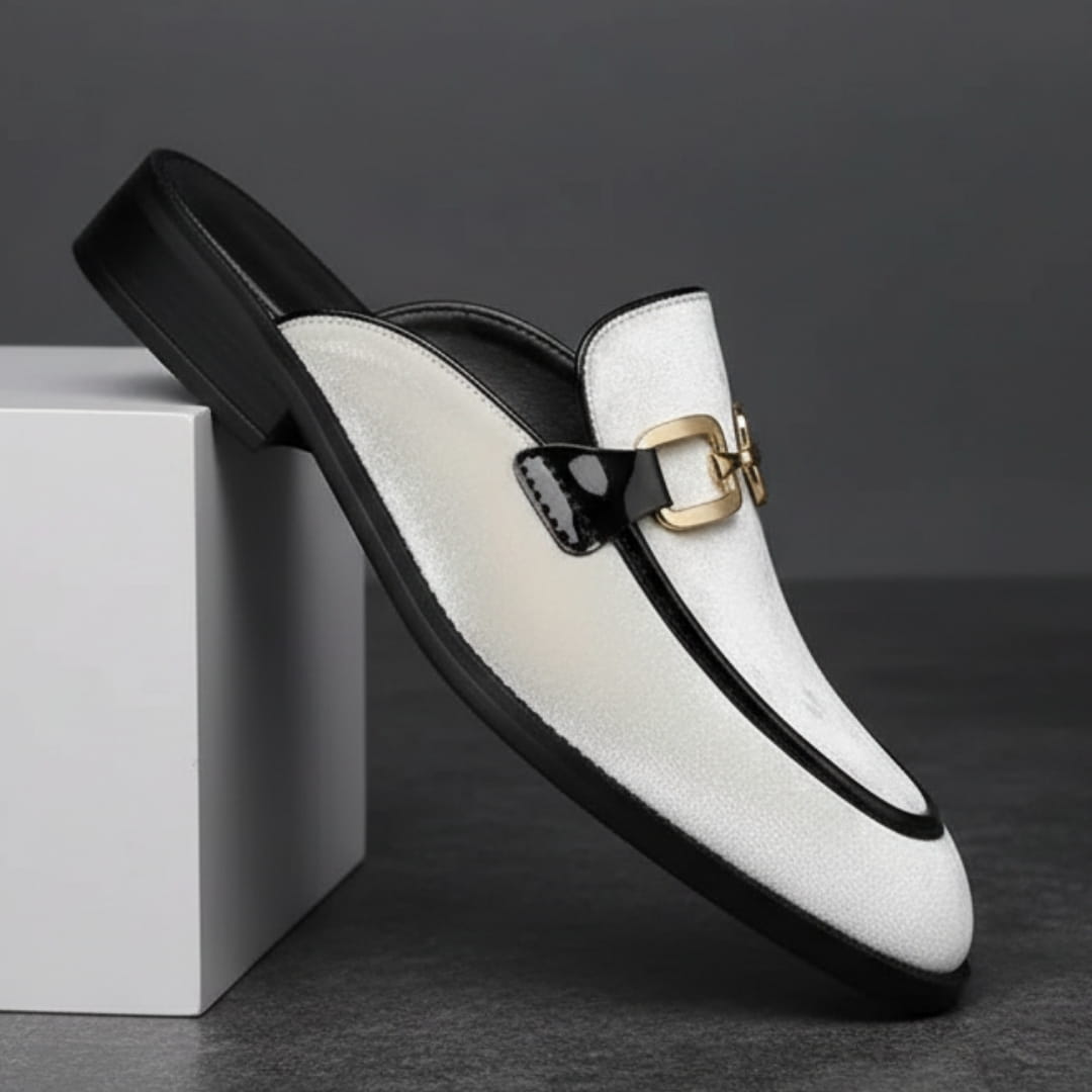 Eric Velvet Mule Loafers – Backless Almond Toe Slip-On Shoes with Metal Detail