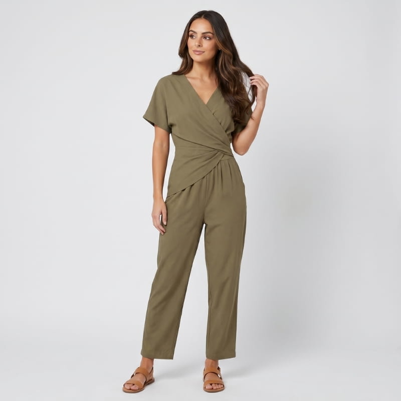 Liora Draped V-Neck Jumpsuit – Crossover Twist Waist Cropped Wide Leg Relaxed Summer Outfit