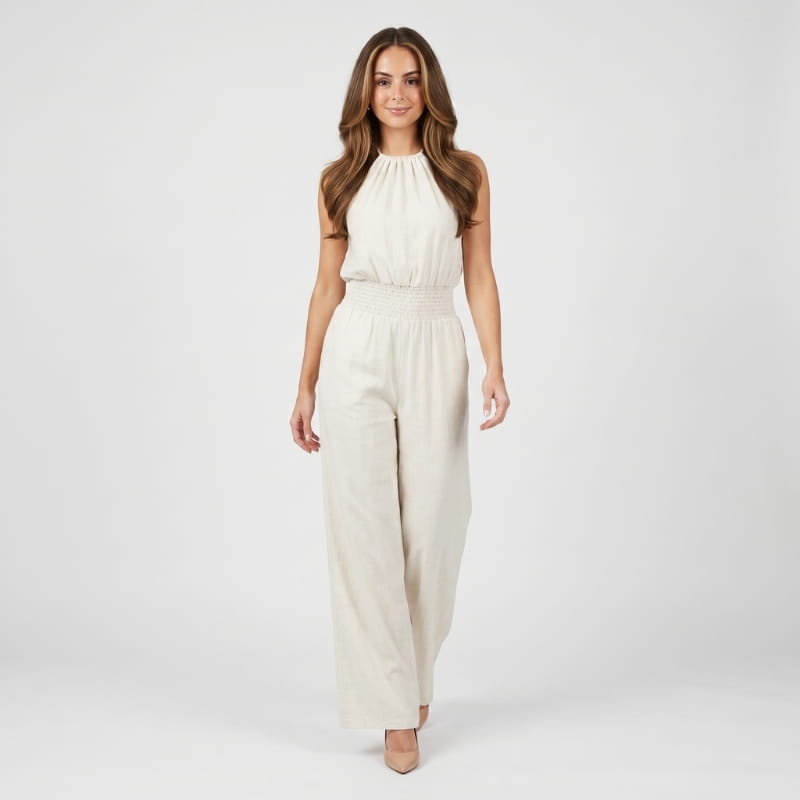 Lorena Linen Halter Neck Jumpsuit – Smocked Waist Wide Leg Sleeveless Boho Casual Outfit