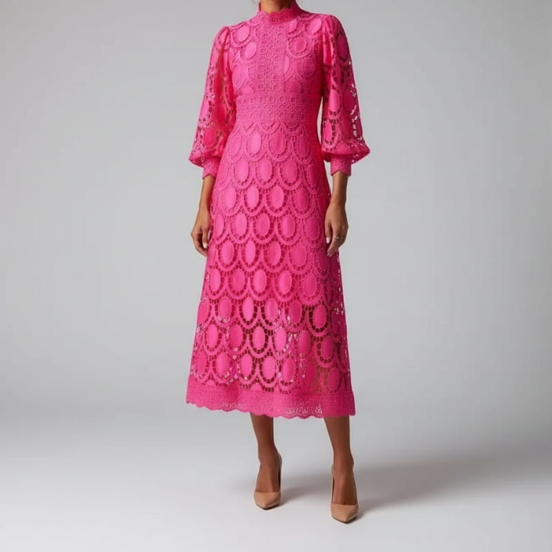 Fatima Lace  High Neck Sheer Sleeve Midi Dress – Elegant Fitted Occasion Gown