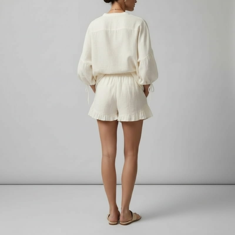 Aveline Puff Sleeve Two Piece Short Set Soft Fabric Relaxed Summer Outfit