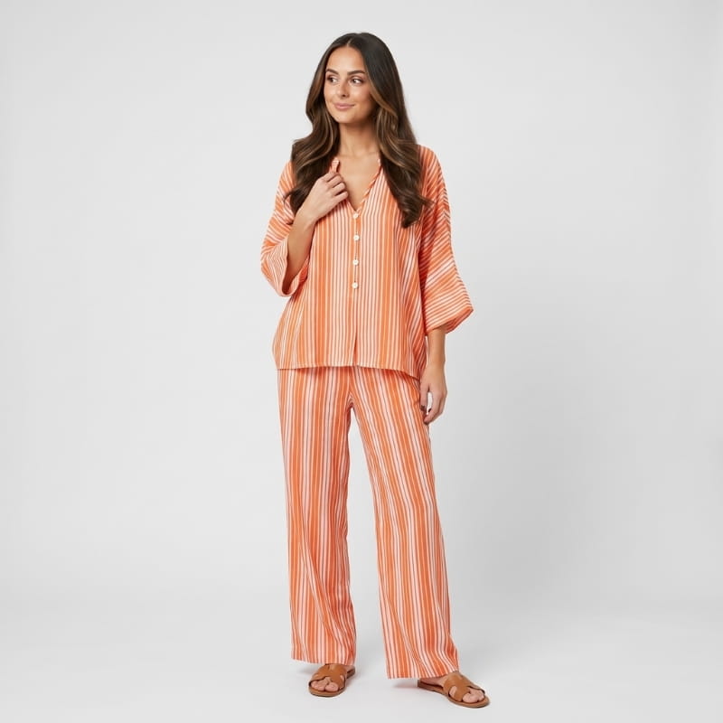 Dania Striped Woven Two-Piece Set – Batwing V-Neck Top Wide Leg Drawstring Relaxed Outfit