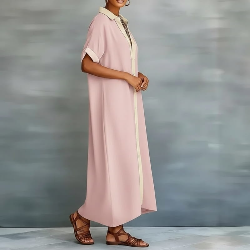 Aurelia Cotton Linen Contrast Trim Button Shirt Maxi Dress – Relaxed Vacation Silhouette