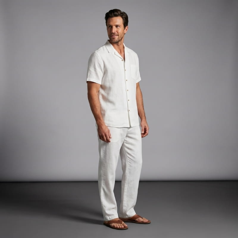 Kevin Linen Two-Piece Set – Cuban Collar Shirt Straight Leg Trouser Relaxed Resort Casual Outfit