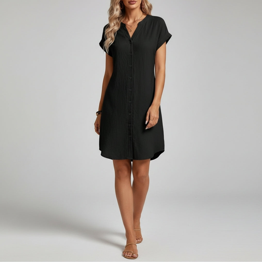 Riviera Cotton Blend V-Neck Shirt Dress – Lightweight Button Front Mini Casual Wear