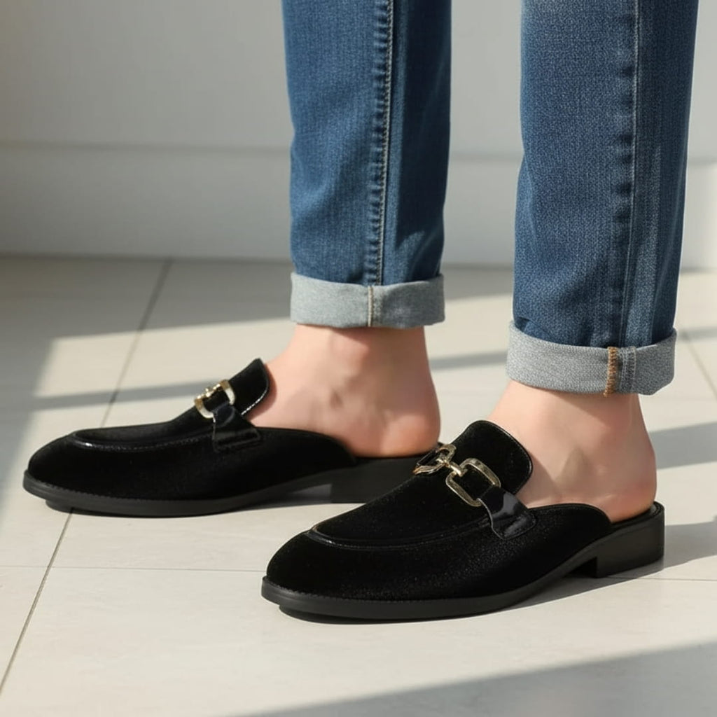 Eric Velvet Mule Loafers – Backless Almond Toe Slip-On Shoes with Metal Detail