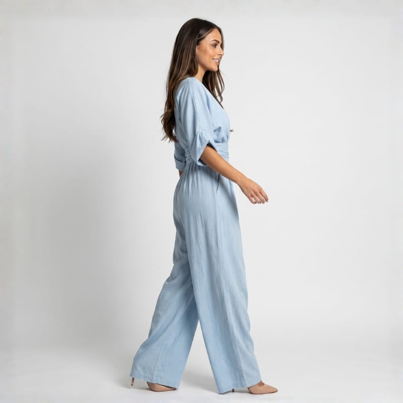 Selene Woven Wide Leg Jumpsuit – Deep V-Neck Obi Waist Dolman Sleeve Elegant Casual Outfit