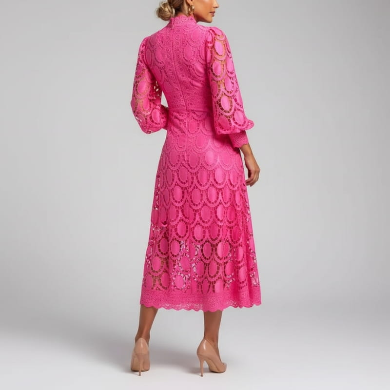 Fatima Lace  High Neck Sheer Sleeve Midi Dress – Elegant Fitted Occasion Gown