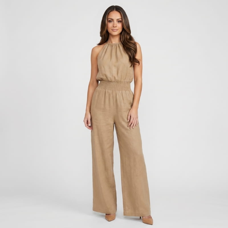 Lorena Linen Halter Neck Jumpsuit – Smocked Waist Wide Leg Sleeveless Boho Casual Outfit