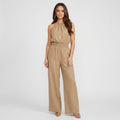 Lorena Linen Halter Neck Jumpsuit – Smocked Waist Wide Leg Sleeveless Boho Casual Outfit