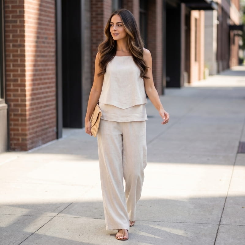 Anne Striped Linen Two-Piece Set – Square Neck Sleeveless Top Wide Leg Trouser Casual Outfit