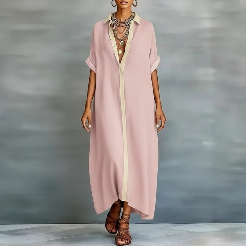 Aurelia Cotton Linen Contrast Trim Button Shirt Maxi Dress – Relaxed Vacation Silhouette