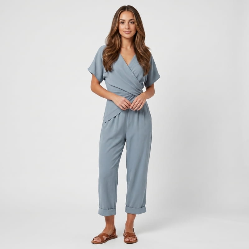 Liora Draped V-Neck Jumpsuit – Crossover Twist Waist Cropped Wide Leg Relaxed Summer Outfit