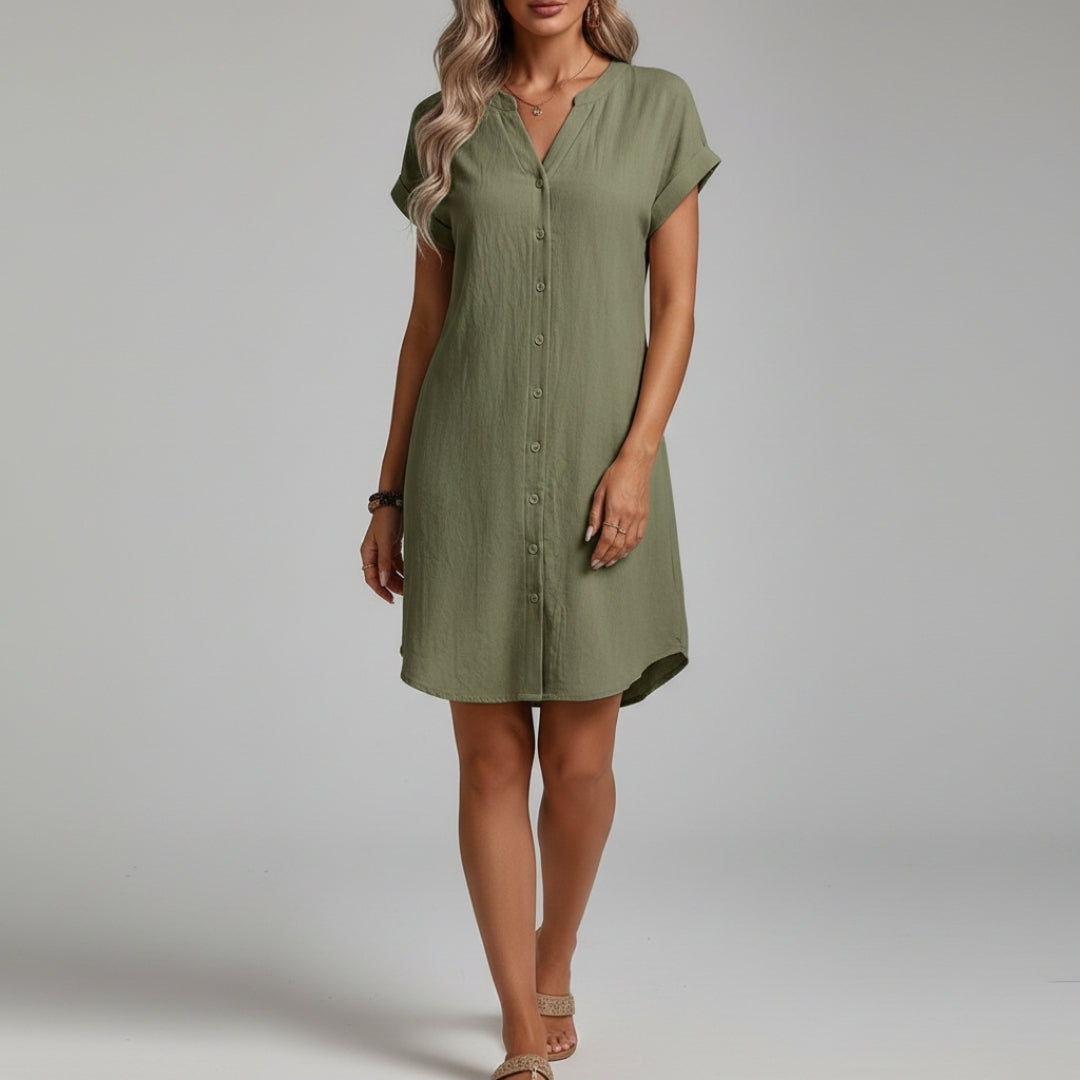 Riviera Cotton Blend V-Neck Shirt Dress – Lightweight Button Front Mini Casual Wear