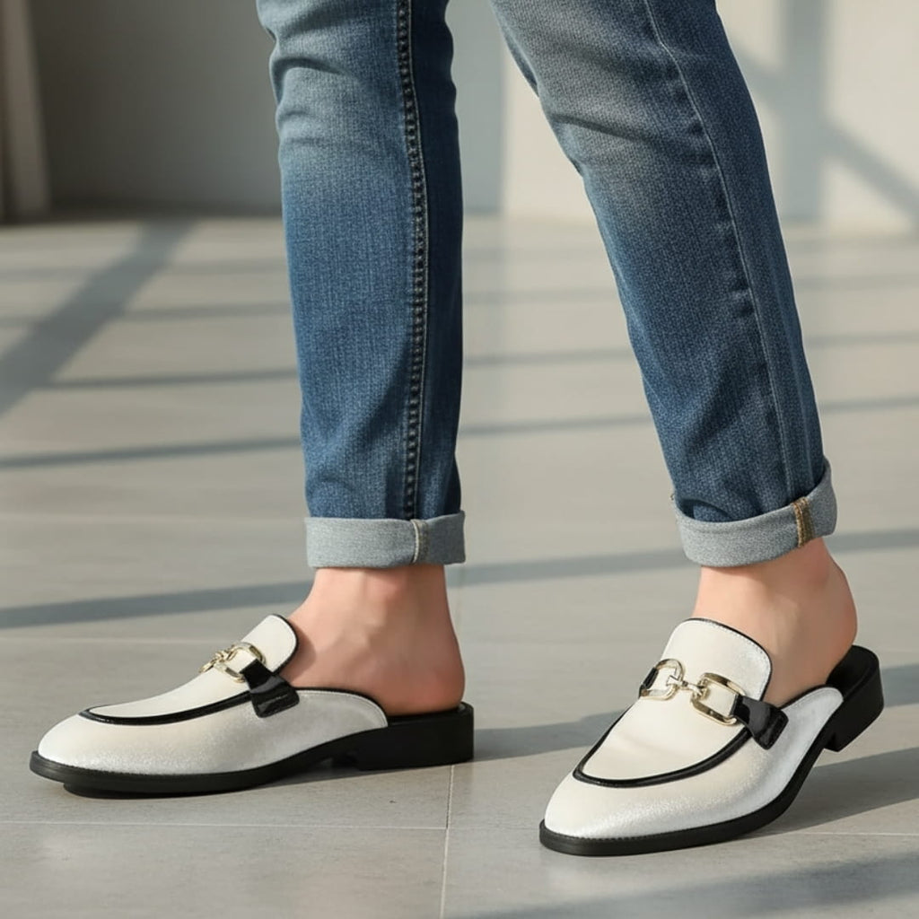 Eric Velvet Mule Loafers – Backless Almond Toe Slip-On Shoes with Metal Detail