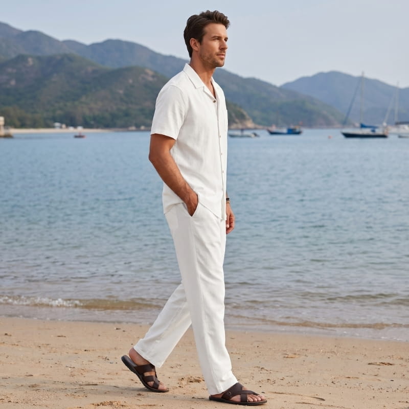Kevin Linen Two-Piece Set – Cuban Collar Shirt Straight Leg Trouser Relaxed Resort Casual Outfit