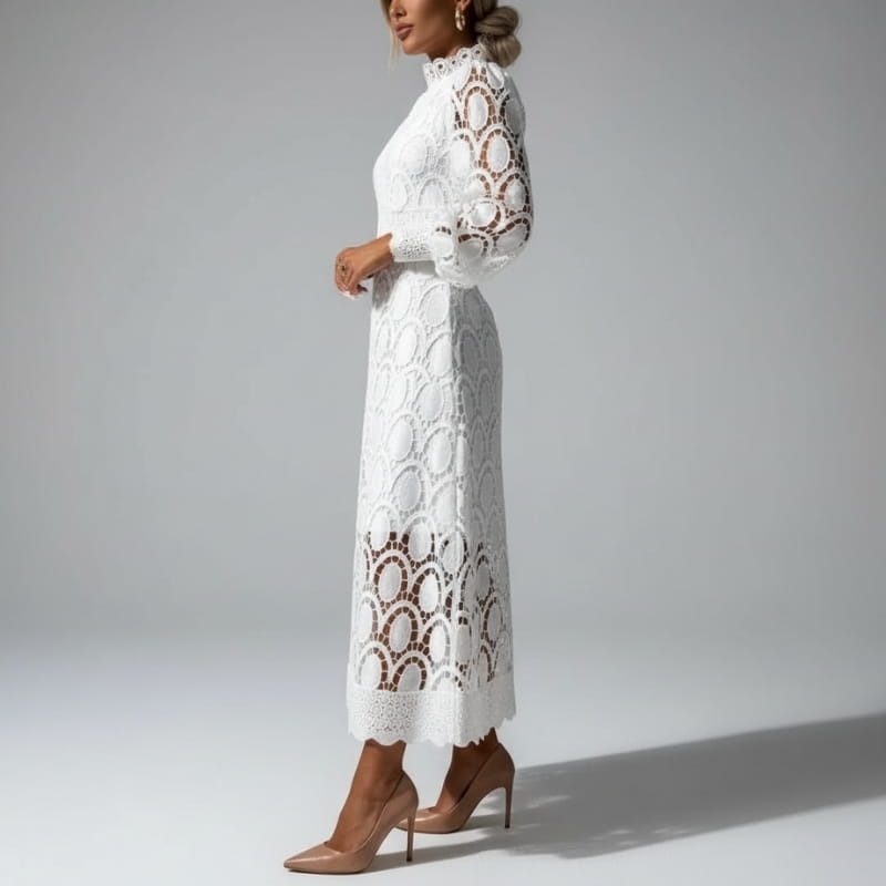 Fatima Lace  High Neck Sheer Sleeve Midi Dress – Elegant Fitted Occasion Gown