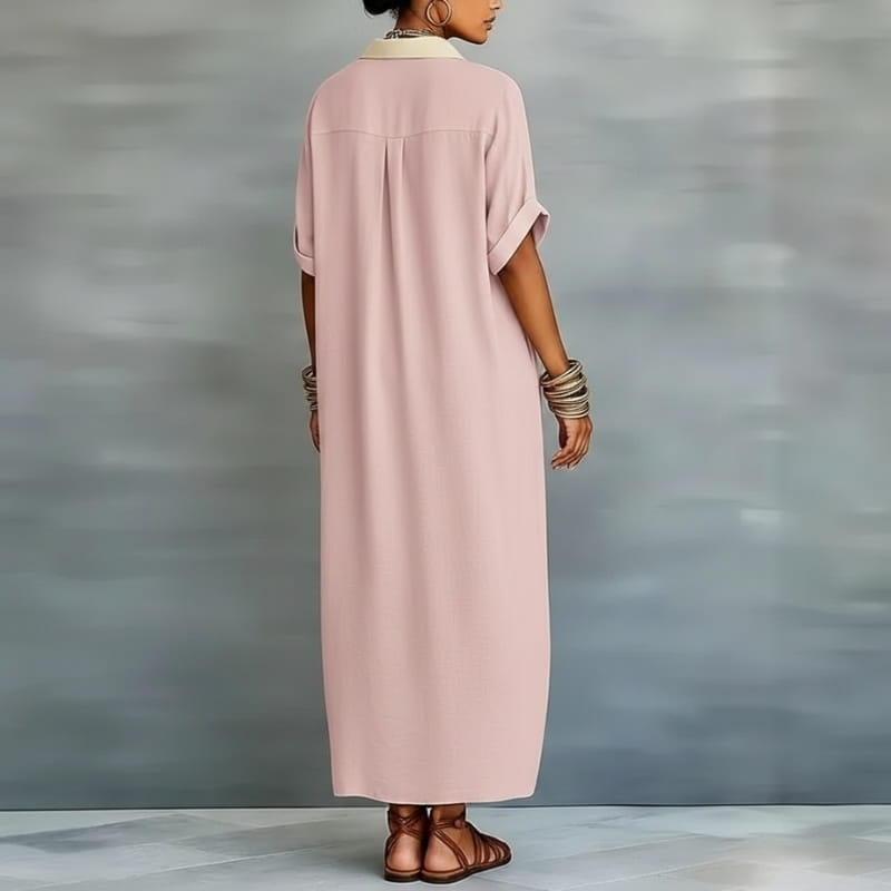Aurelia Cotton Linen Contrast Trim Button Shirt Maxi Dress – Relaxed Vacation Silhouette