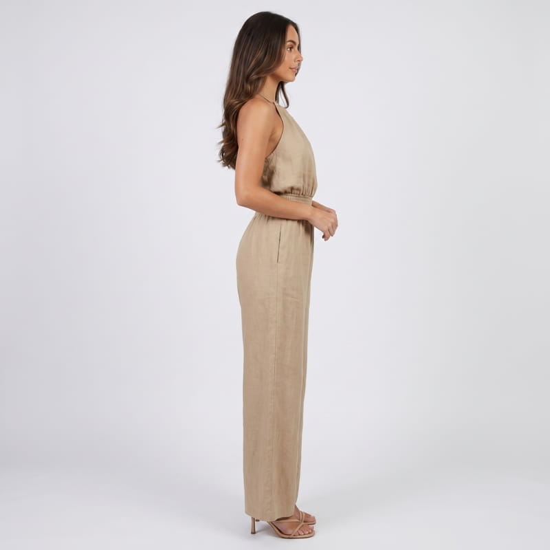 Lorena Linen Halter Neck Jumpsuit – Smocked Waist Wide Leg Sleeveless Boho Casual Outfit