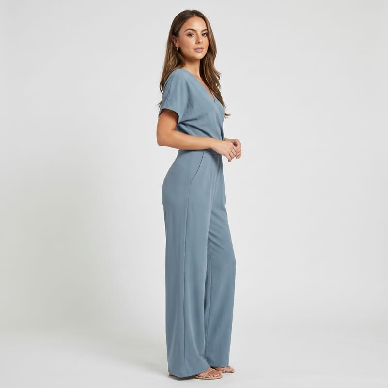 Liora Draped V-Neck Jumpsuit – Crossover Twist Waist Cropped Wide Leg Relaxed Summer Outfit