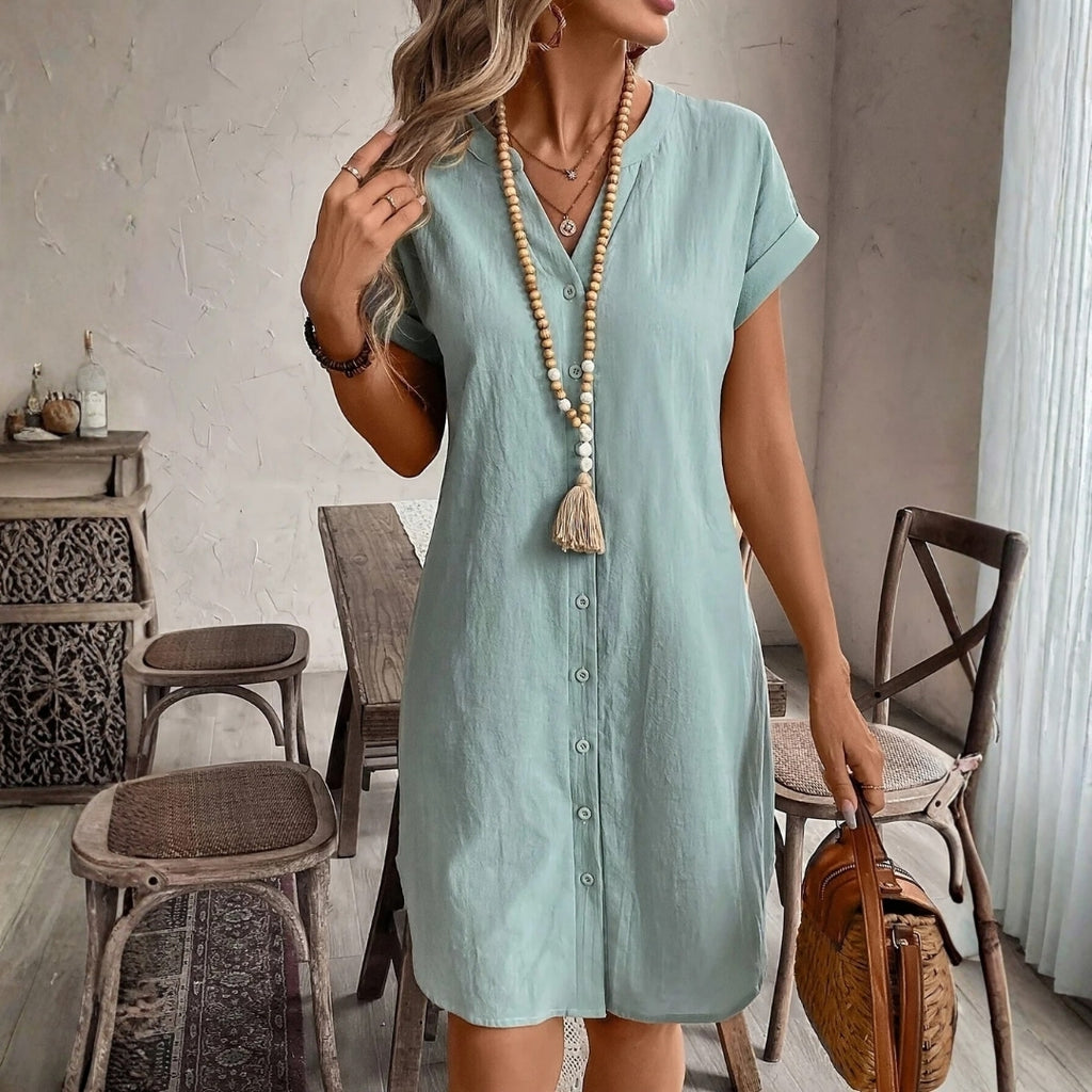 Riviera Cotton Blend V-Neck Shirt Dress – Lightweight Button Front Mini Casual Wear