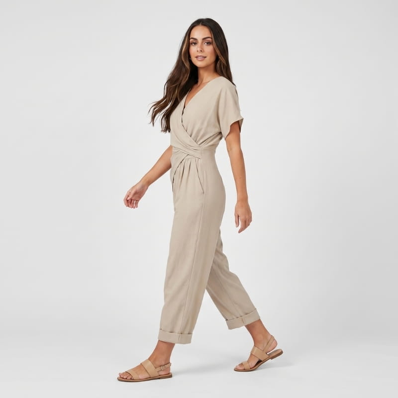 Liora Draped V-Neck Jumpsuit – Crossover Twist Waist Cropped Wide Leg Relaxed Summer Outfit