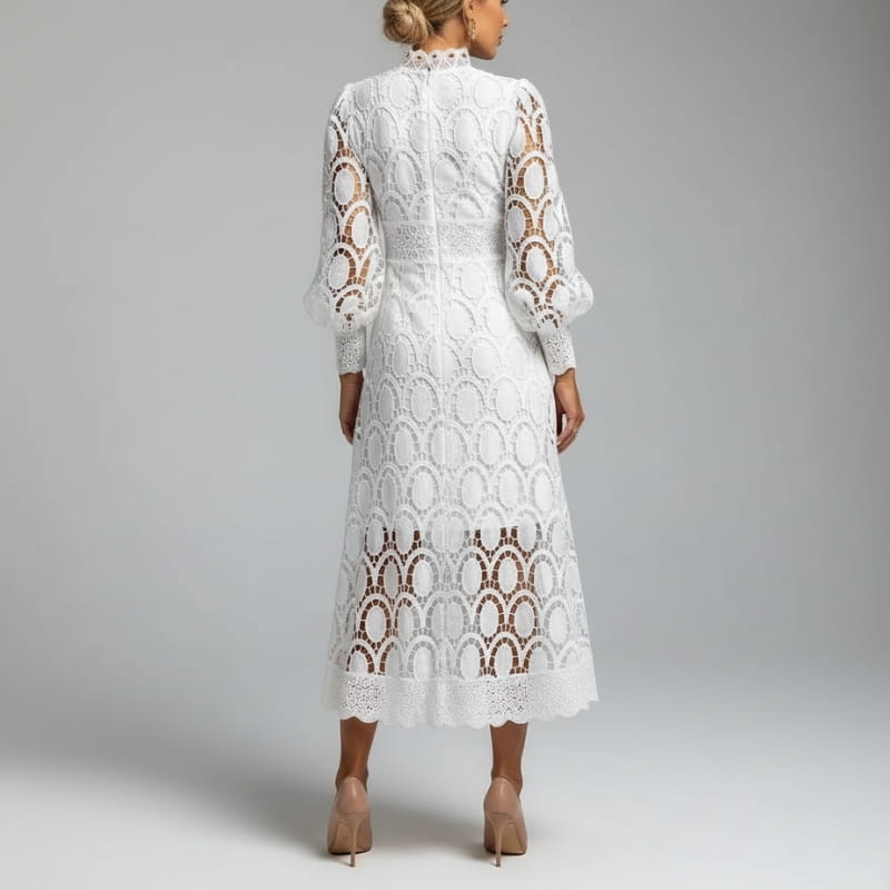 Fatima Lace  High Neck Sheer Sleeve Midi Dress – Elegant Fitted Occasion Gown