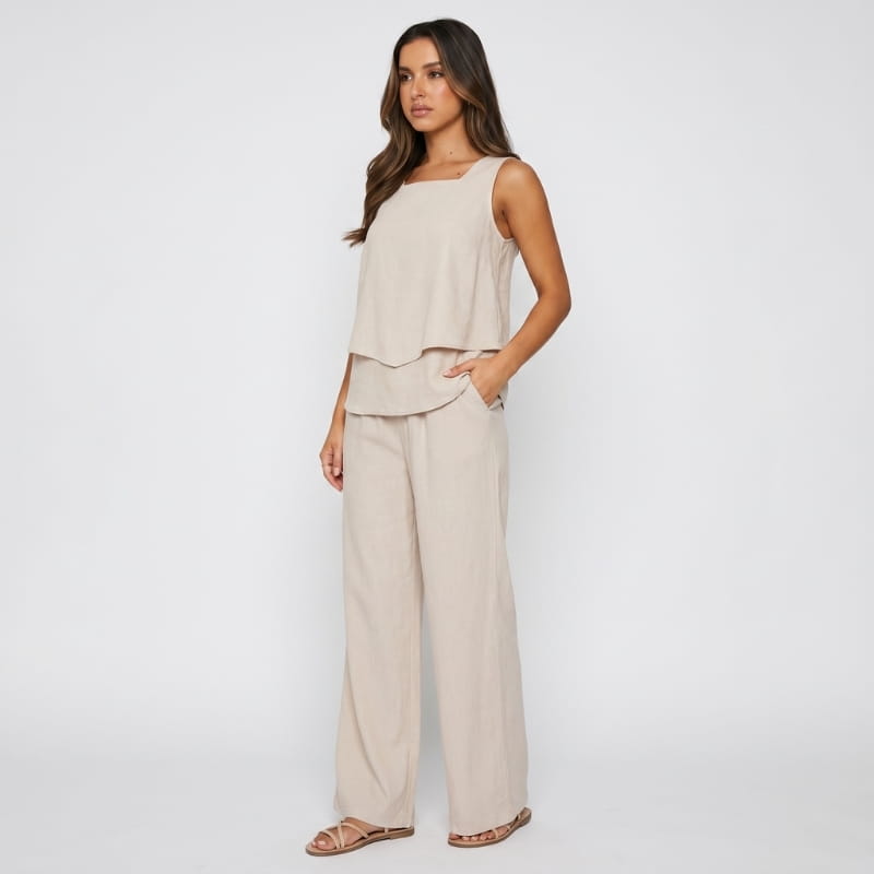 Anne Striped Linen Two-Piece Set – Square Neck Sleeveless Top Wide Leg Trouser Casual Outfit