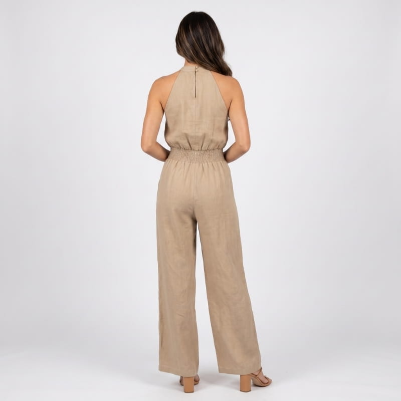 Lorena Linen Halter Neck Jumpsuit – Smocked Waist Wide Leg Sleeveless Boho Casual Outfit