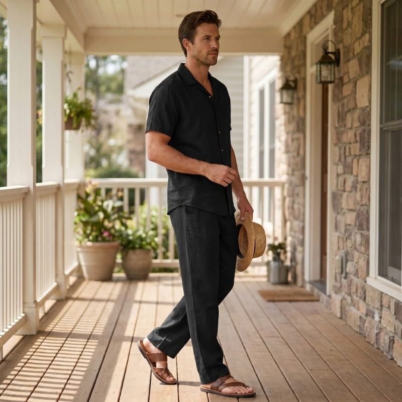 Kevin Linen Two-Piece Set – Cuban Collar Shirt Straight Leg Trouser Relaxed Resort Casual Outfit