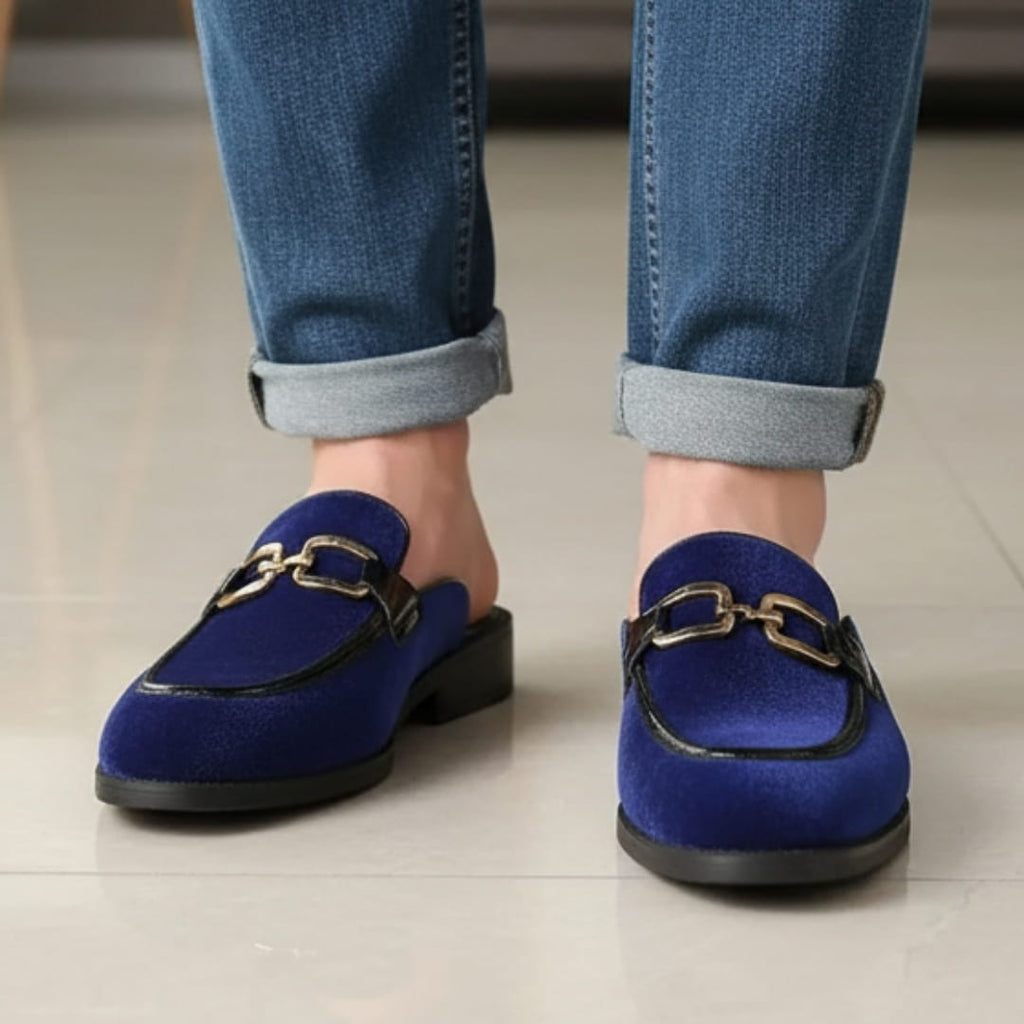 Eric Velvet Mule Loafers – Backless Almond Toe Slip-On Shoes with Metal Detail