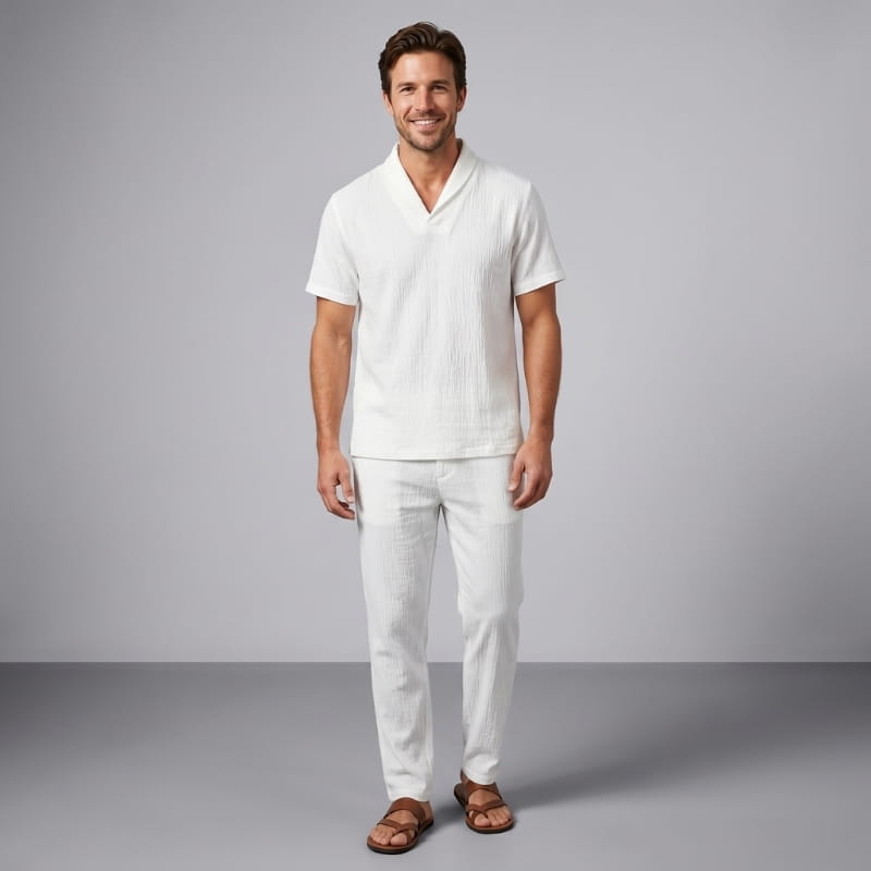 Paolo Crinkle Linen Two-Piece Set – V-Neck Wrap Top Drawstring Tapered Trouser Casual Outfit