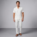 Paolo Crinkle Linen Two-Piece Set – V-Neck Wrap Top Drawstring Tapered Trouser Casual Outfit
