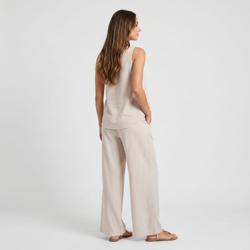 Anne Striped Linen Two-Piece Set – Square Neck Sleeveless Top Wide Leg Trouser Casual Outfit
