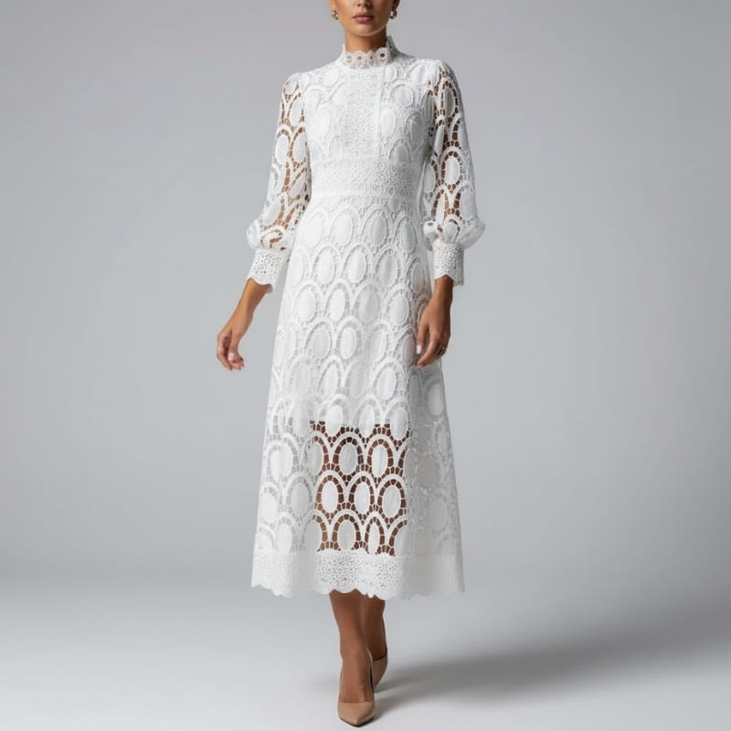 Fatima Lace  High Neck Sheer Sleeve Midi Dress – Elegant Fitted Occasion Gown