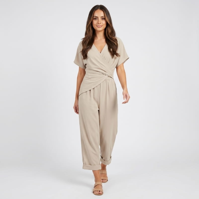 Liora Draped V-Neck Jumpsuit – Crossover Twist Waist Cropped Wide Leg Relaxed Summer Outfit