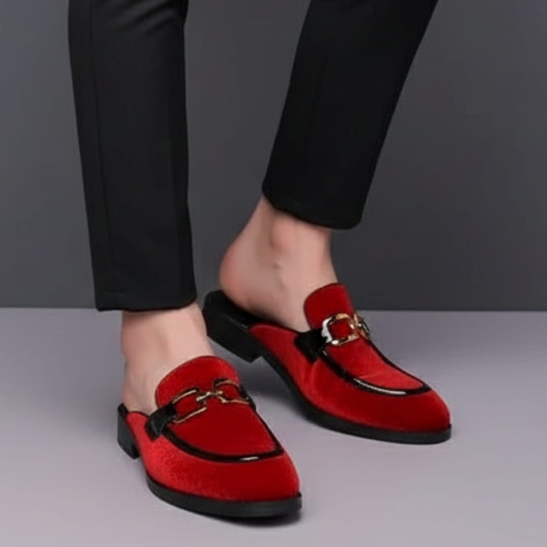 Eric Velvet Mule Loafers – Backless Almond Toe Slip-On Shoes with Metal Detail