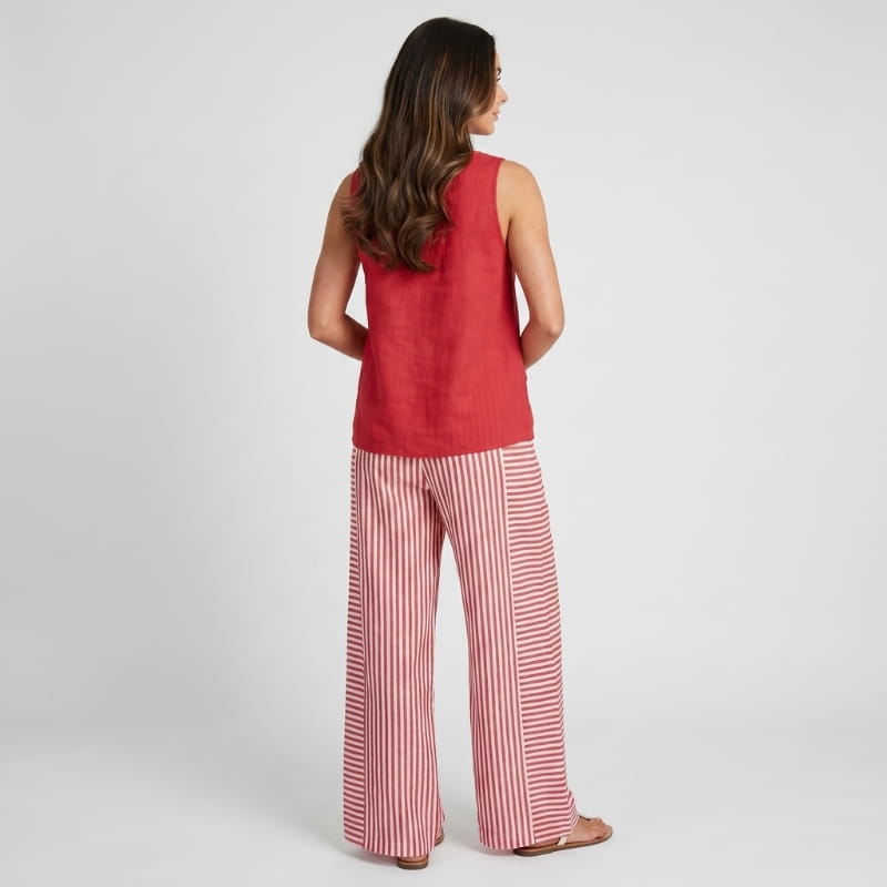 Anne Striped Linen Two-Piece Set – Square Neck Sleeveless Top Wide Leg Trouser Casual Outfit