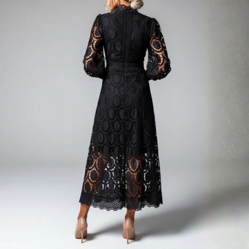 Fatima Lace  High Neck Sheer Sleeve Midi Dress – Elegant Fitted Occasion Gown