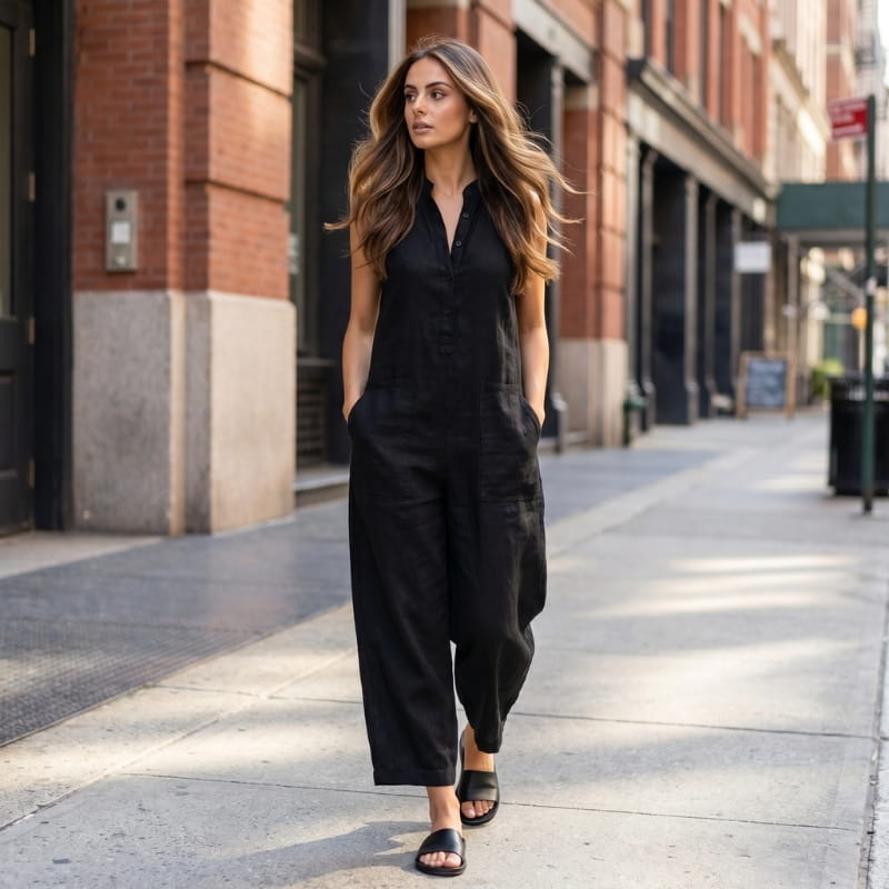 Tanya Linen Sleeveless Jumpsuit – Mandarin Collar Patch Pocket Relaxed Wide Leg Casual Outfit